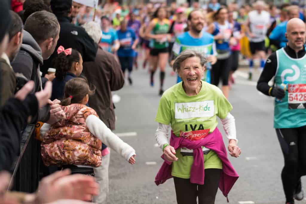 Elderly woman running marathon