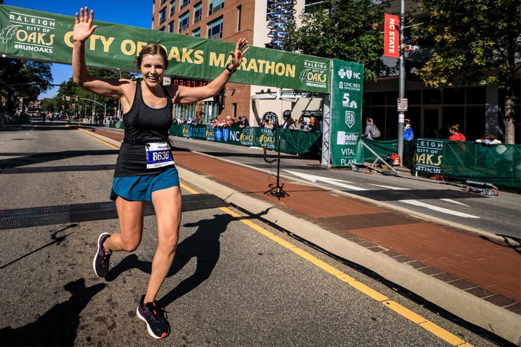 female marathon runner near the finish line