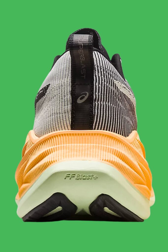 heel view of this Asics performance shoe with snug rear fit to prevent heel slippage