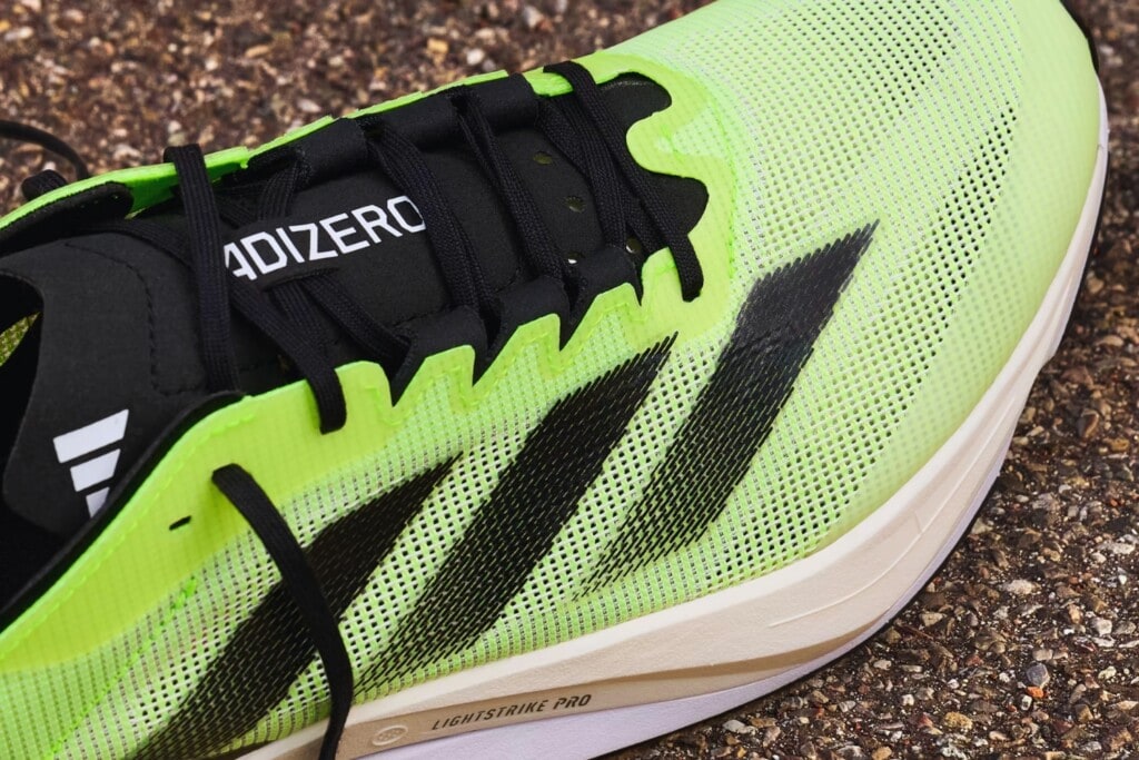 A close-up view of the Adidas Boston 12 running shoes