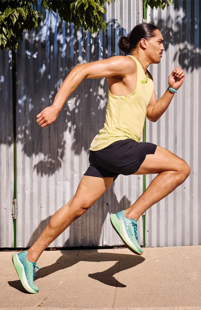 runner wearing Hoka Mach X daily running shoe for a snappier ride
