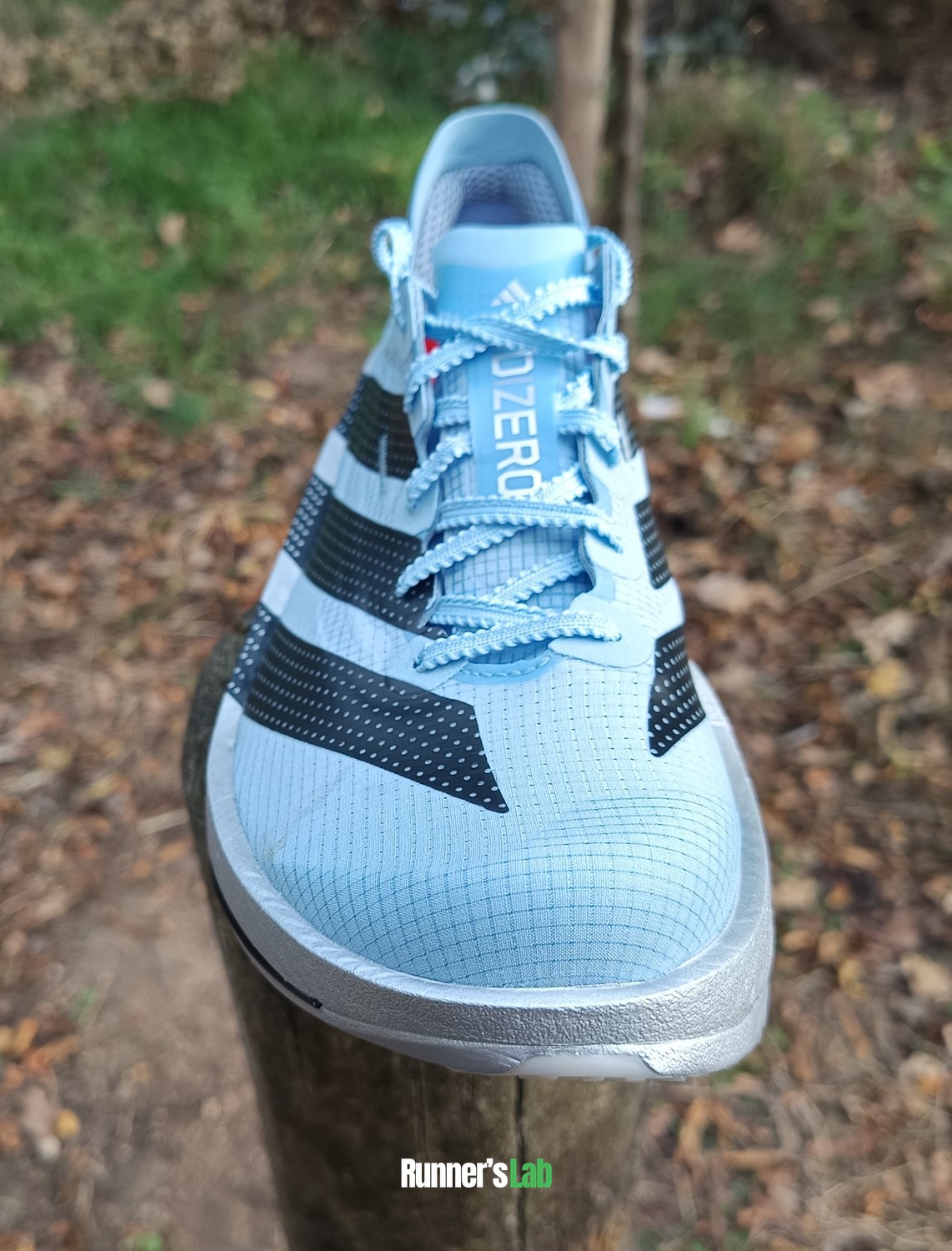 Adidas Adios Pro 5 front view, showing the base at the midfoot